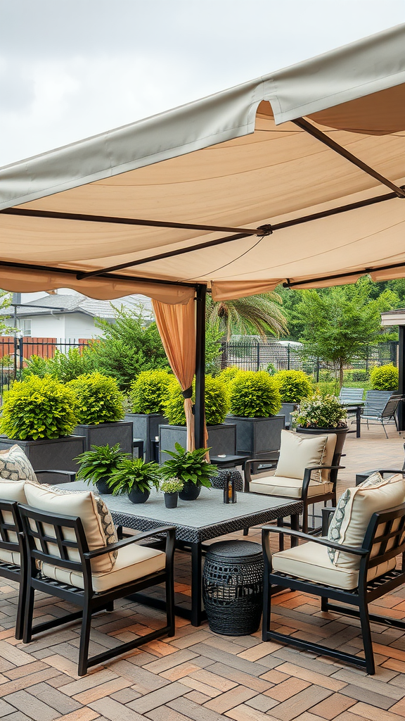 A covered outdoor entertaining area with seating and plants.