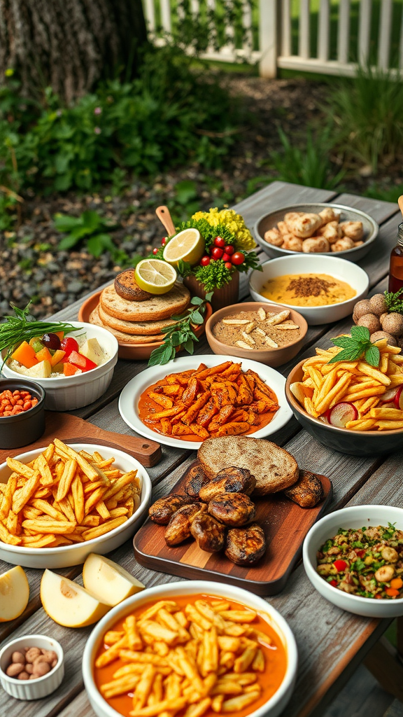 A beautifully arranged outdoor dinner spread with various dishes including fries, grilled foods, and fresh fruits on a wooden table.