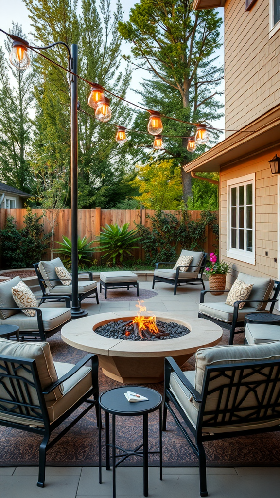 Cozy outdoor seating area with a fire pit, surrounded by chairs and string lights.