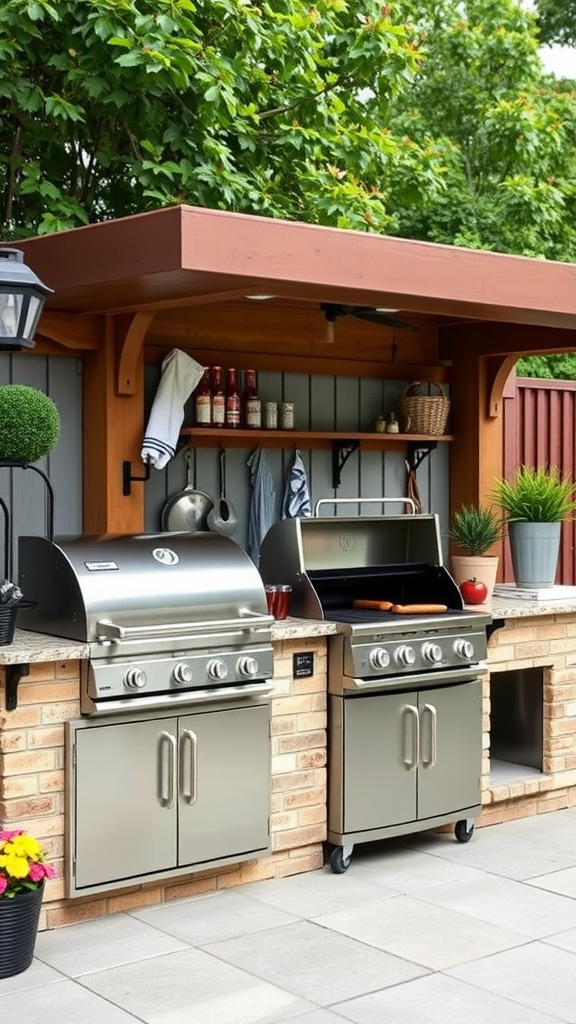 Outdoor grilling area with two grills, a countertop, and decorative plants.