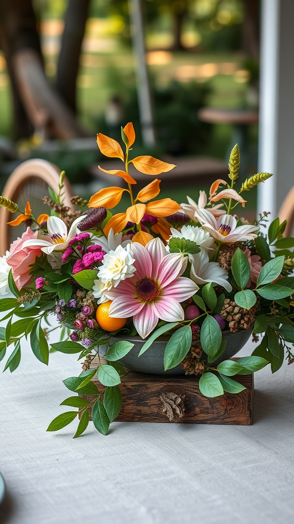 A vibrant floral arrangement in a decorative bowl on a table.