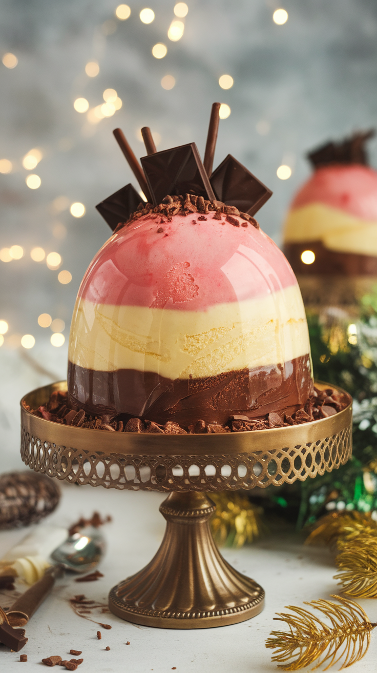 A beautifully crafted ice cream bombe in layers of champagne sorbet, vanilla bean, and dark chocolate, covered in a mirror glaze with chocolate decor.