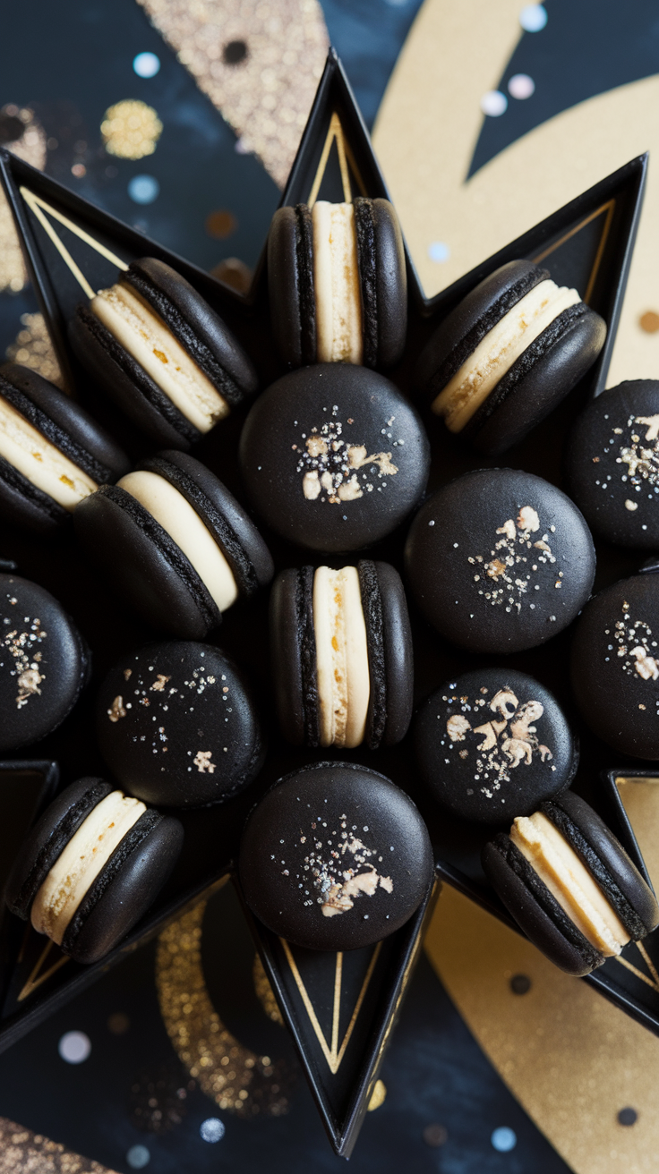 Elegant black macarons with gold and silver decorations, filled with champagne buttercream, arranged in a star shape.