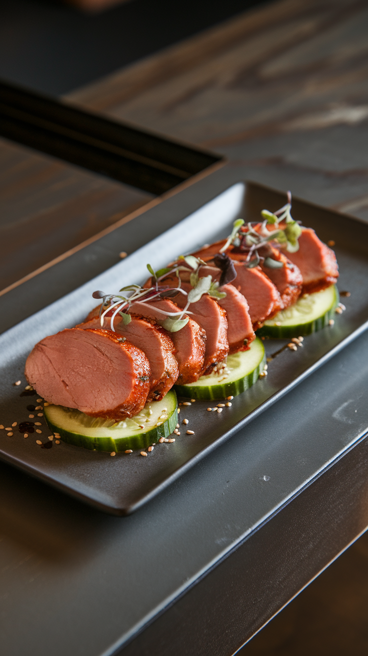 Asian-spiced duck breast slices on cucumber rounds