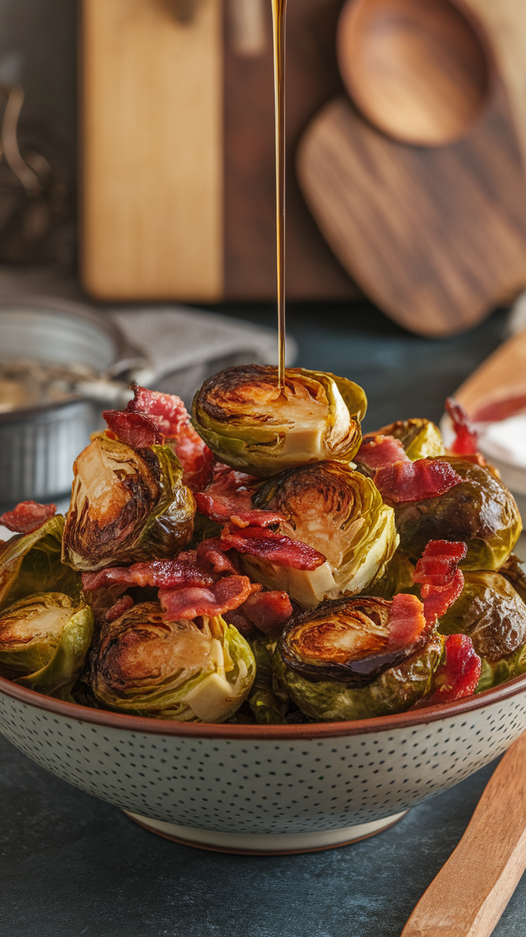 A bowl of roasted Brussels sprouts with crispy bacon, drizzled with maple syrup, set against a rustic kitchen background.