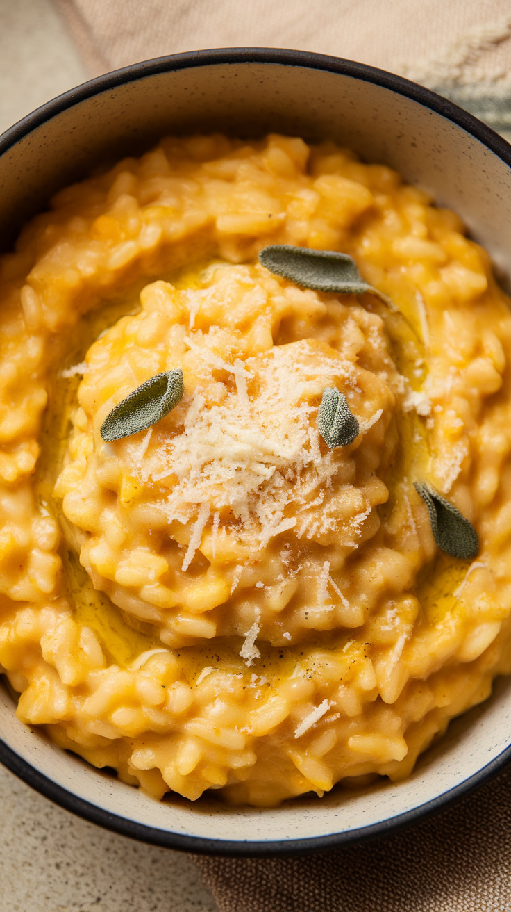 A close-up of creamy butternut squash risotto topped with Parmesan and sage leaves in a bowl.