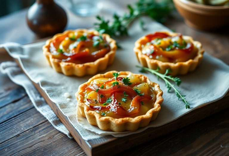 gruyere and onion tartlets on a serving plate