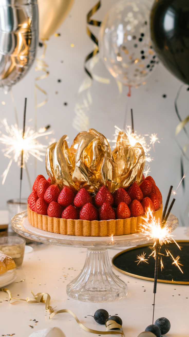 A beautiful champagne-glazed strawberry tart surrounded by party decorations and sparklers.