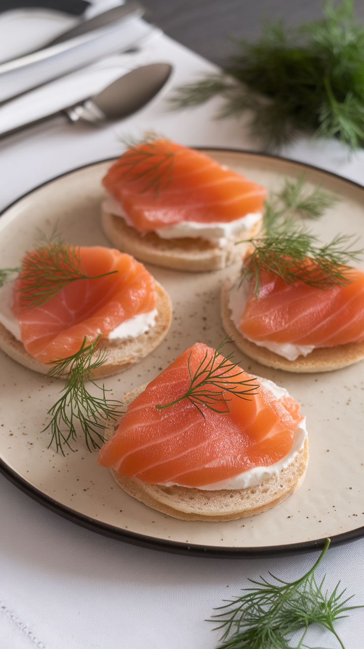 Citrus-cured salmon slices on dill blinis with fresh dill garnish