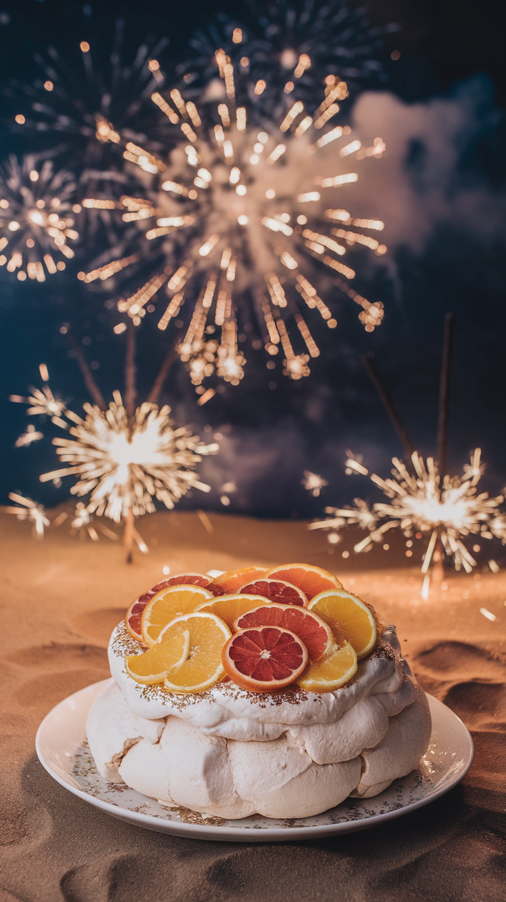 A beautiful pavlova cake topped with citrus slices in front of fireworks.