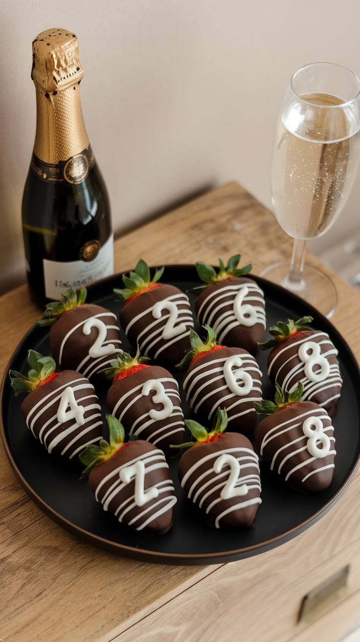 A plate of chocolate-covered strawberries decorated with numbers and a champagne bottle alongside