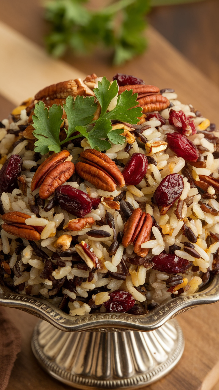 A beautiful serving of Cranberry Pecan Wild Rice topped with pecans and parsley, showcasing a festive side dish.