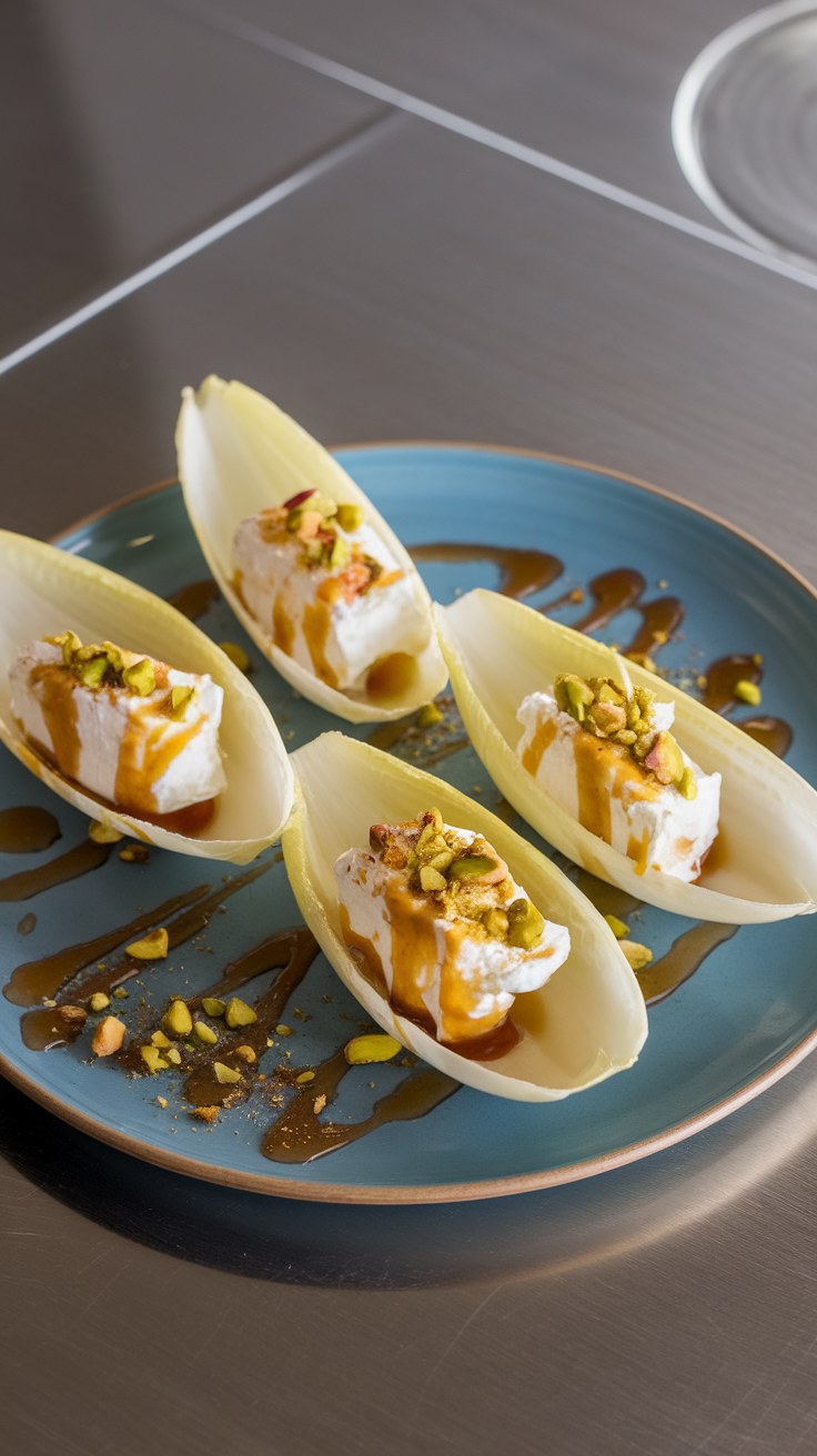 Crisp endive boats filled with goat cheese, honey, and crushed pistachios on a plate