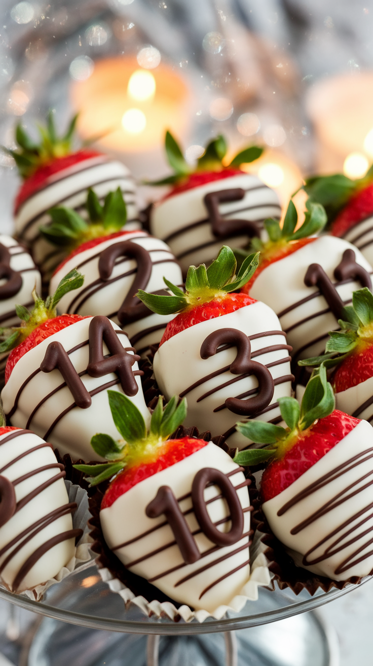 Chocolate-covered strawberries with dark chocolate countdown numbers on a festive platter for New Year