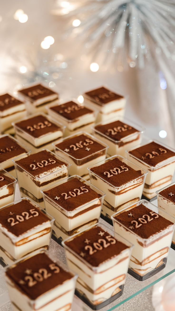 Individual tiramisu cups decorated with cocoa powder and stars for New Year