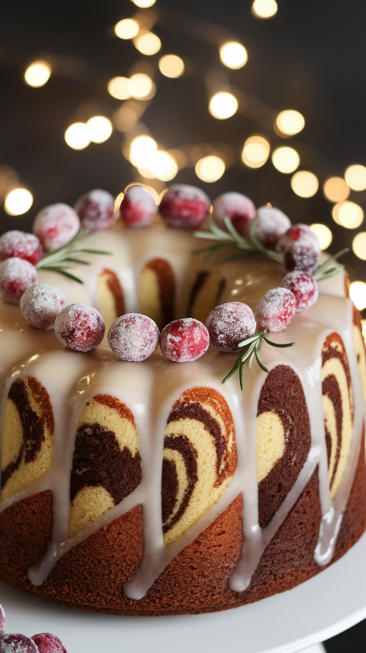 Marble bundt cake with champagne glaze, decorated with sugared cranberries and rosemary on a festive table.