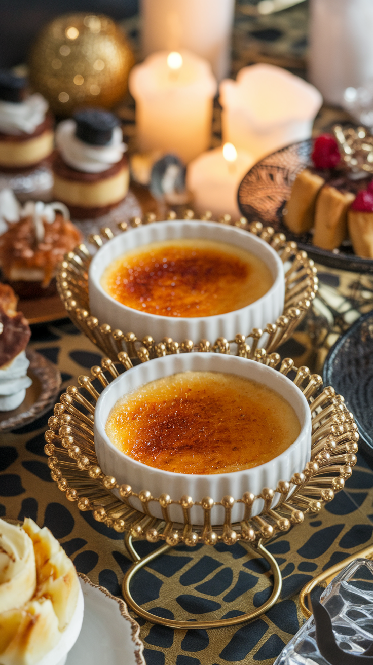 Crème brûlée in decorative serving dishes surrounded by elegant desserts and candles.