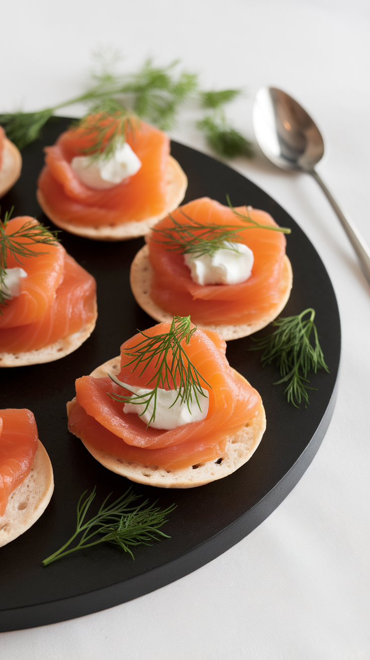 A platter of smoked salmon towers on blinis garnished with dill