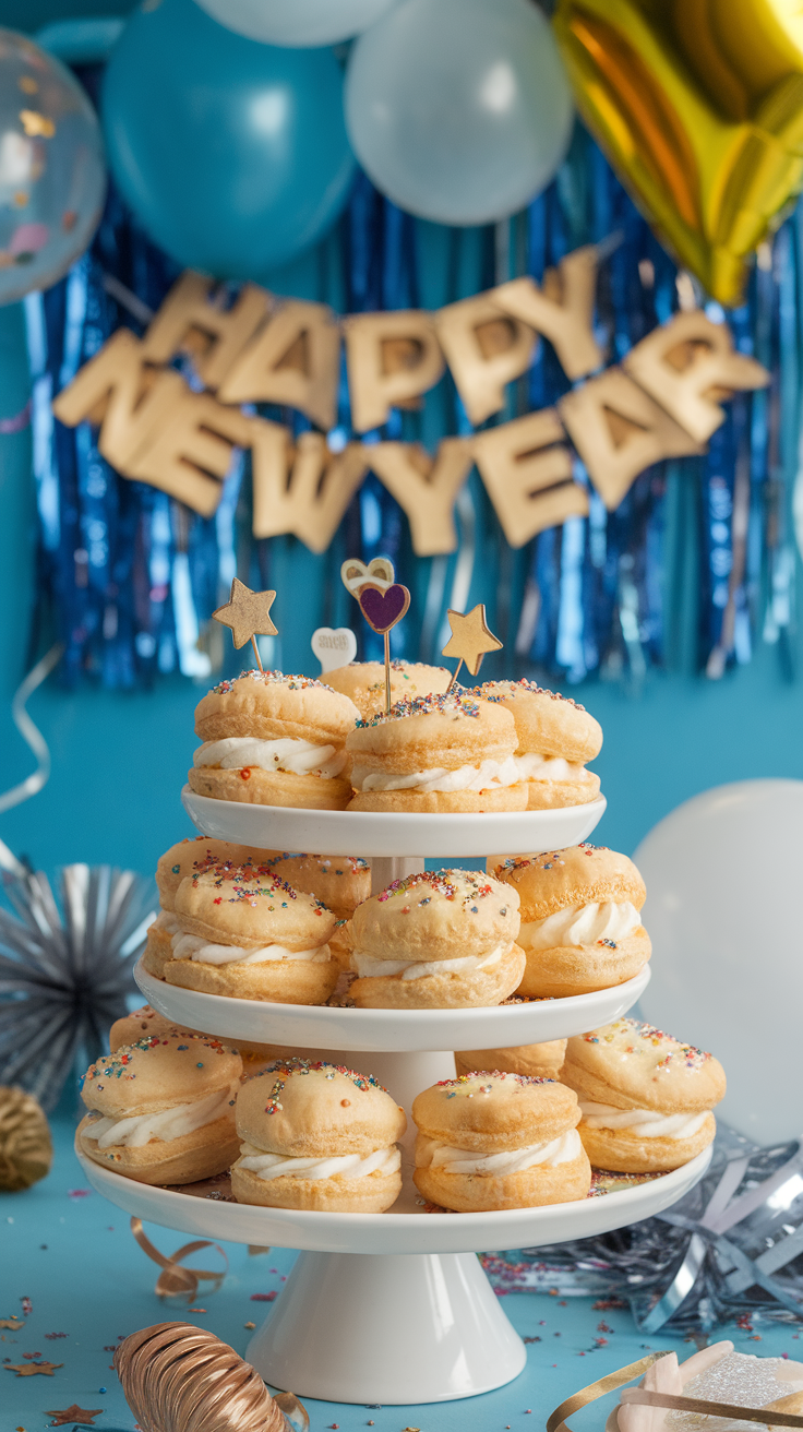 A beautiful display of festive confetti cream puffs on a cake stand, decorated for New Year's.