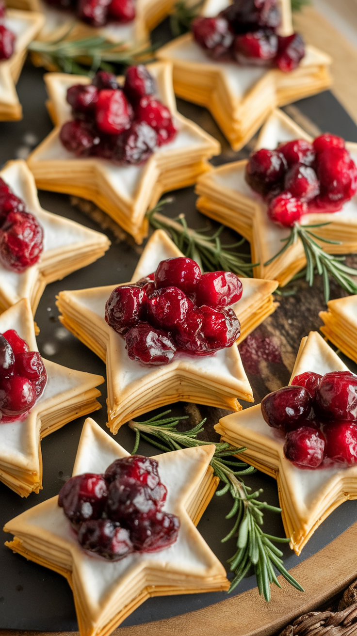 A plate of festive phyllo stars filled with brie and cranberry compote, garnished with rosemary.