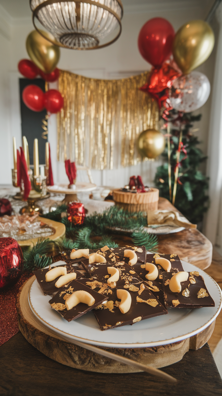 A festive display of dark chocolate bark topped with fortune cookie pieces and gold flakes on a wooden serving platter.