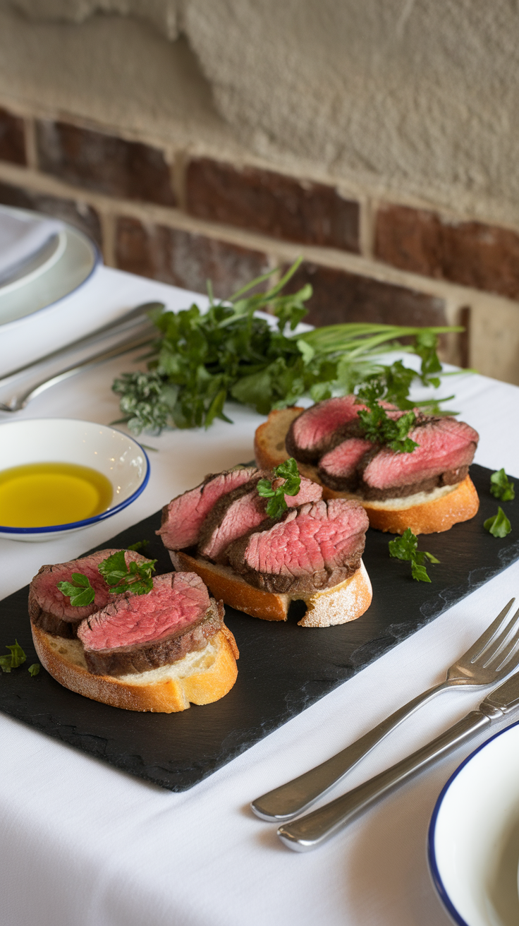 Garlic crostini topped with slices of beef tenderloin and garnished with fresh herbs