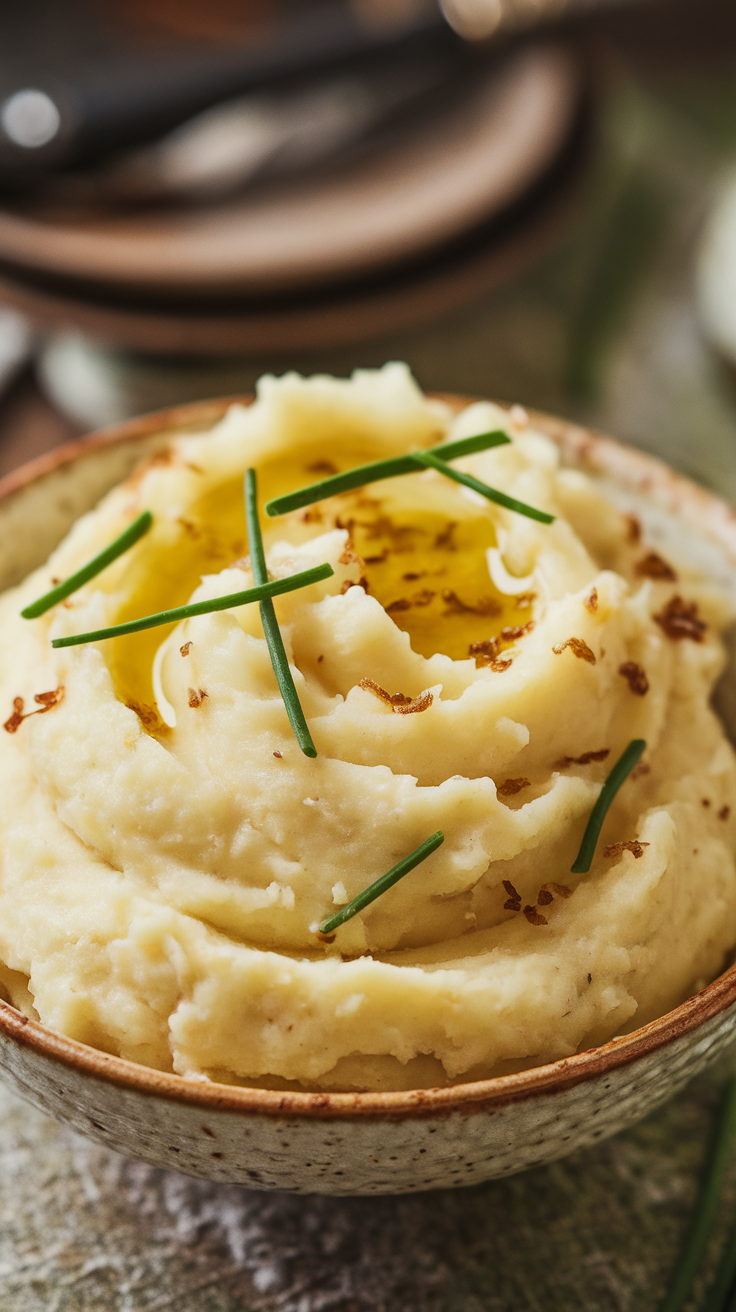 A bowl of garlic mashed potatoes topped with fresh chives and olive oil.