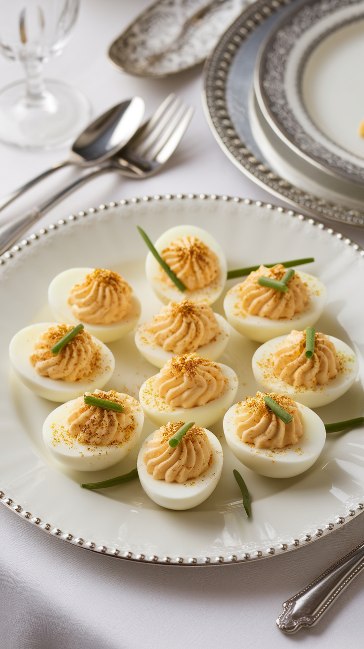 A plate of golden deviled eggs topped with garnishes, arranged beautifully.