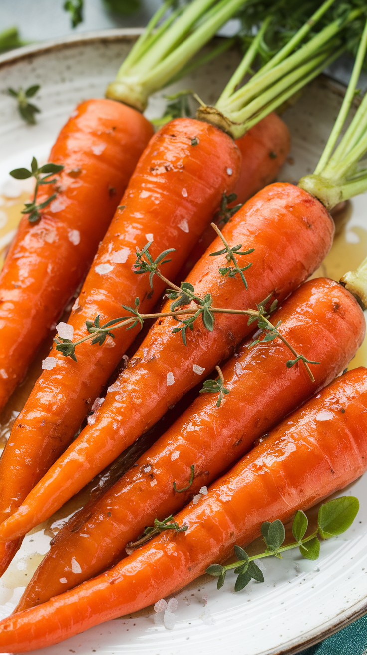 Honey glazed carrots on a plate with thyme and salt