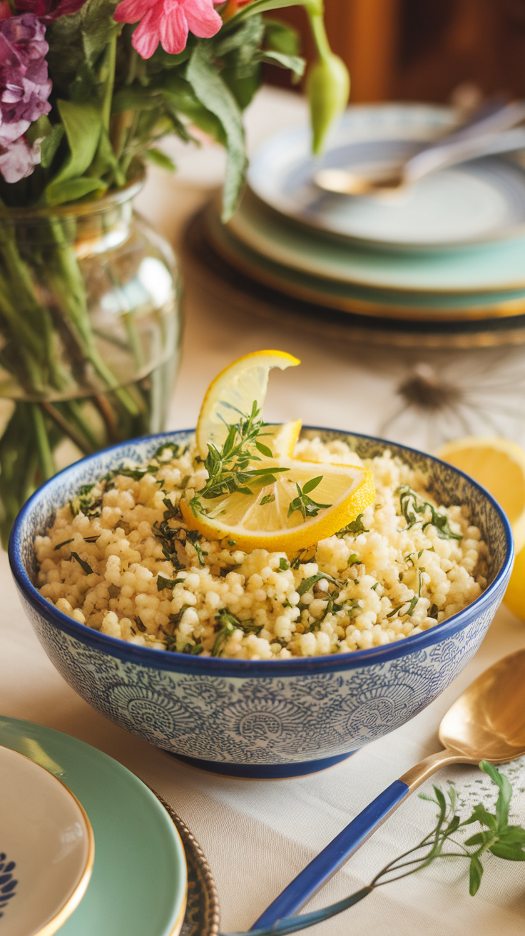 A vibrant bowl of Lemon Herb Couscous garnished with lemon slices and herbs, set on a beautifully arranged dining table.