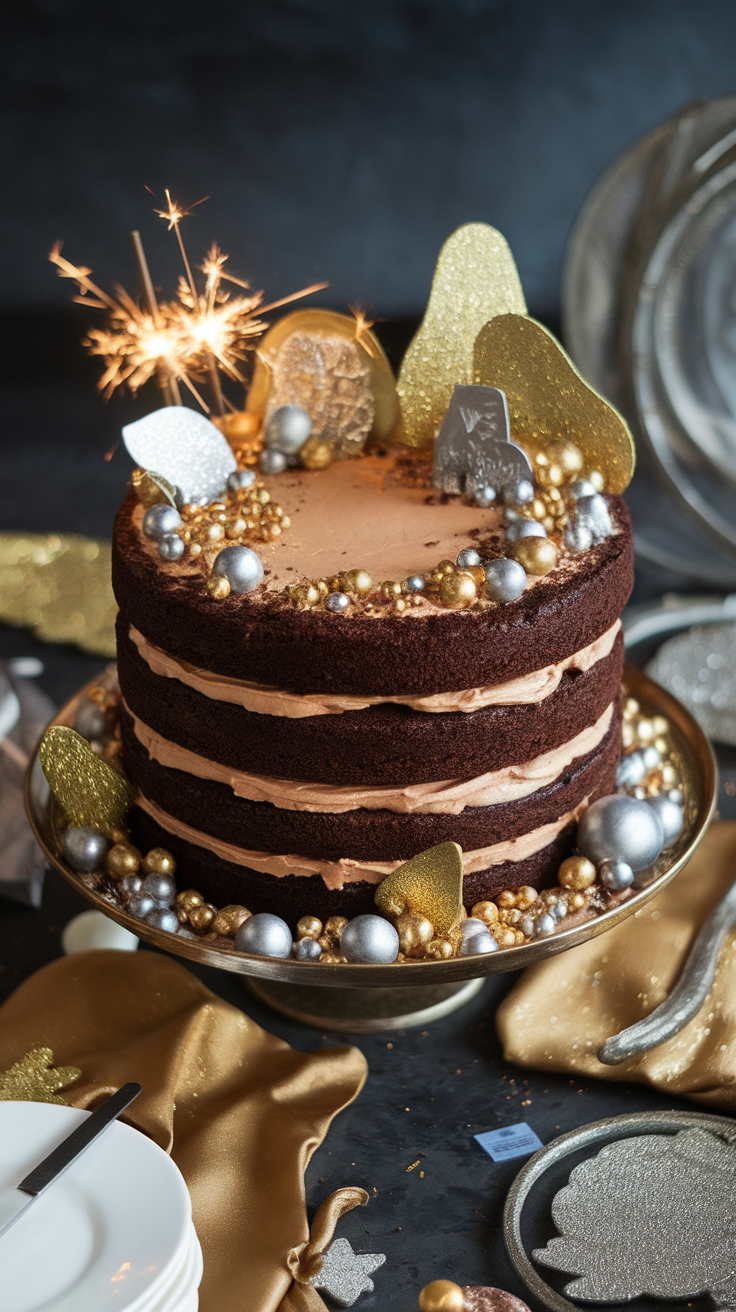 A beautifully decorated chocolate layer cake with festive decorations and sparklers on top.