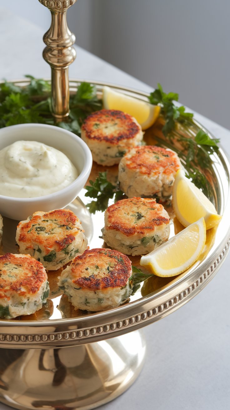 A platter of mini crab cakes with lemon aioli and lemon wedges