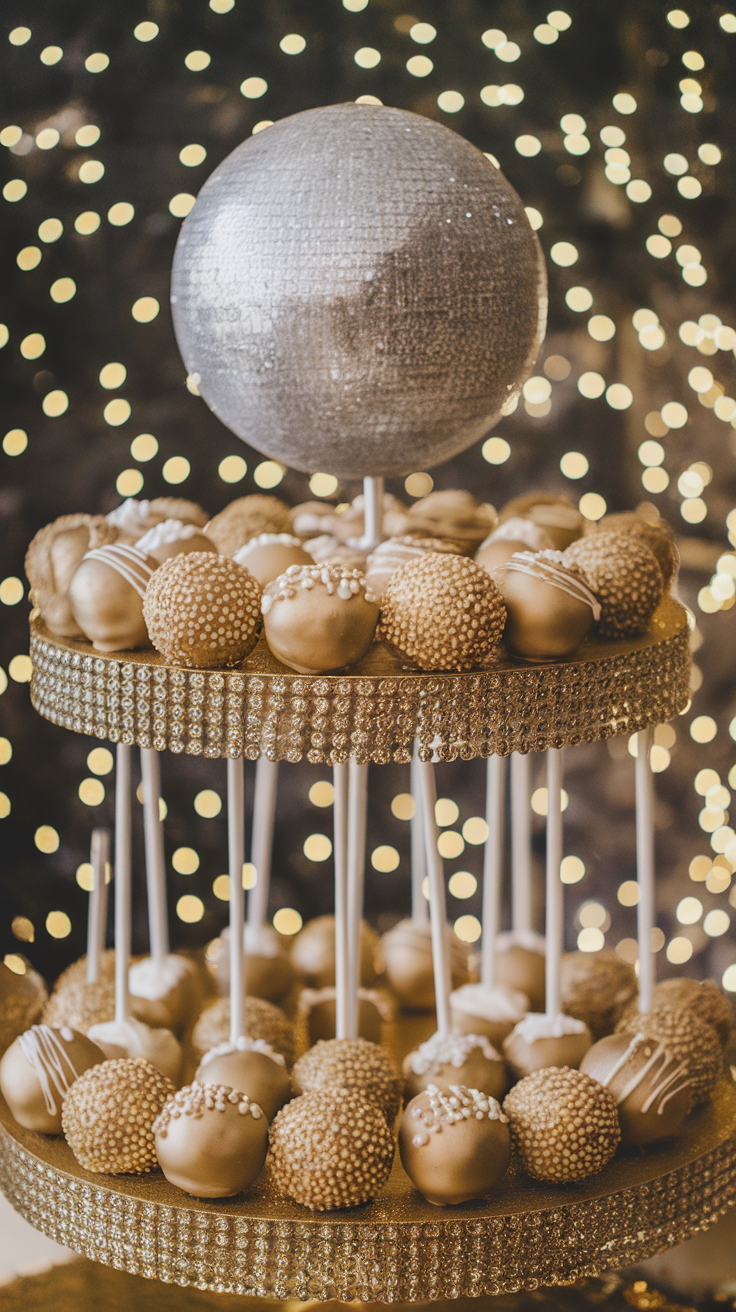 A display of beautifully crafted cake pops designed as New Year's ball drop decorations.