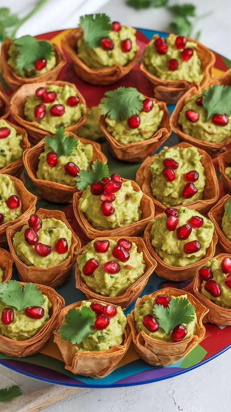 Crispy phyllo cups filled with guacamole and topped with pomegranate seeds and cilantro on a colorful plate.