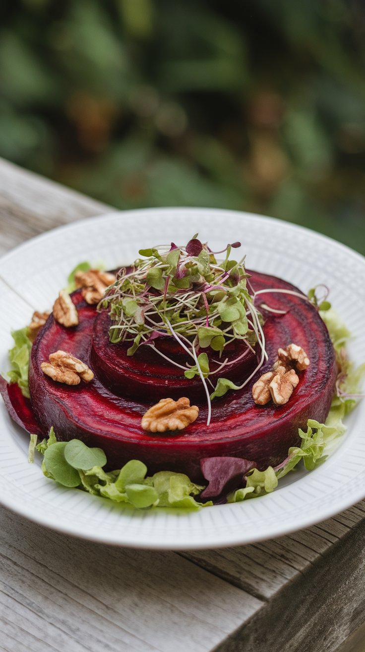 A colorful roasted beet and goat cheese salad with walnuts and microgreens on a white plate.