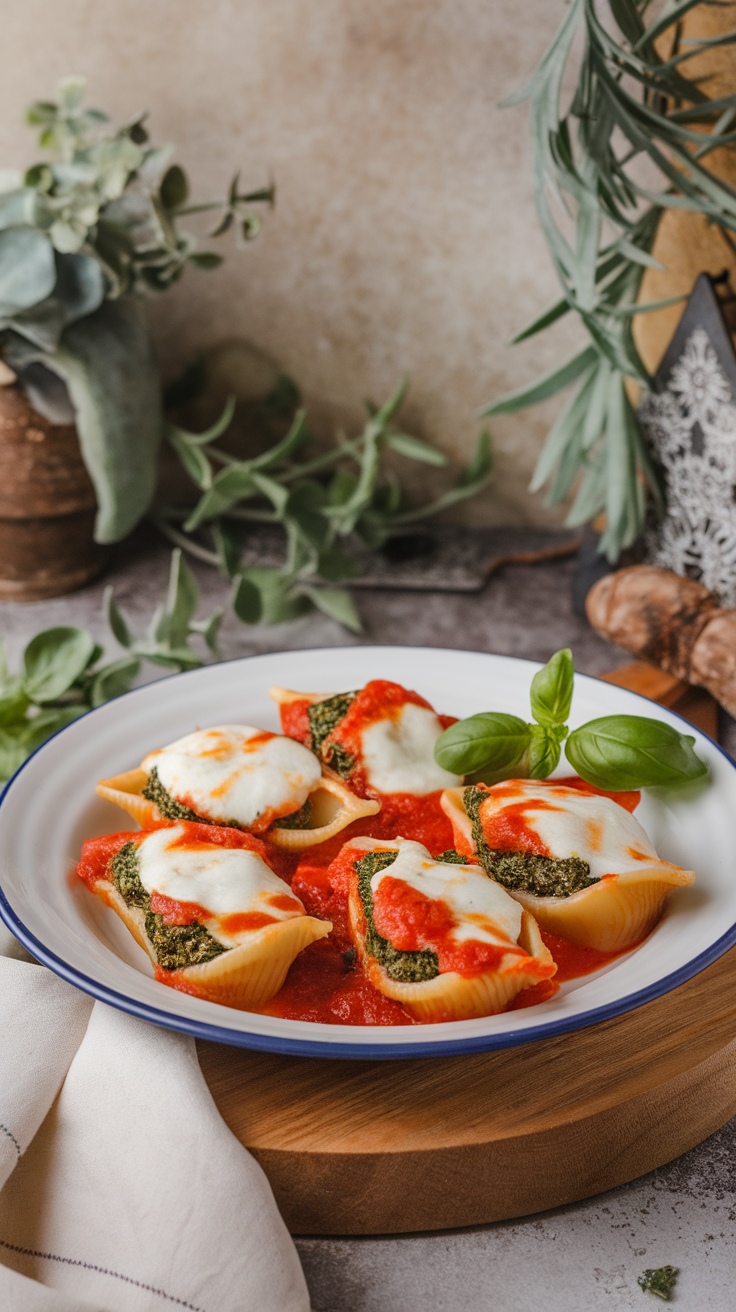 Plate of spinach and ricotta stuffed shells topped with marinara sauce and cheese, garnished with basil leaves