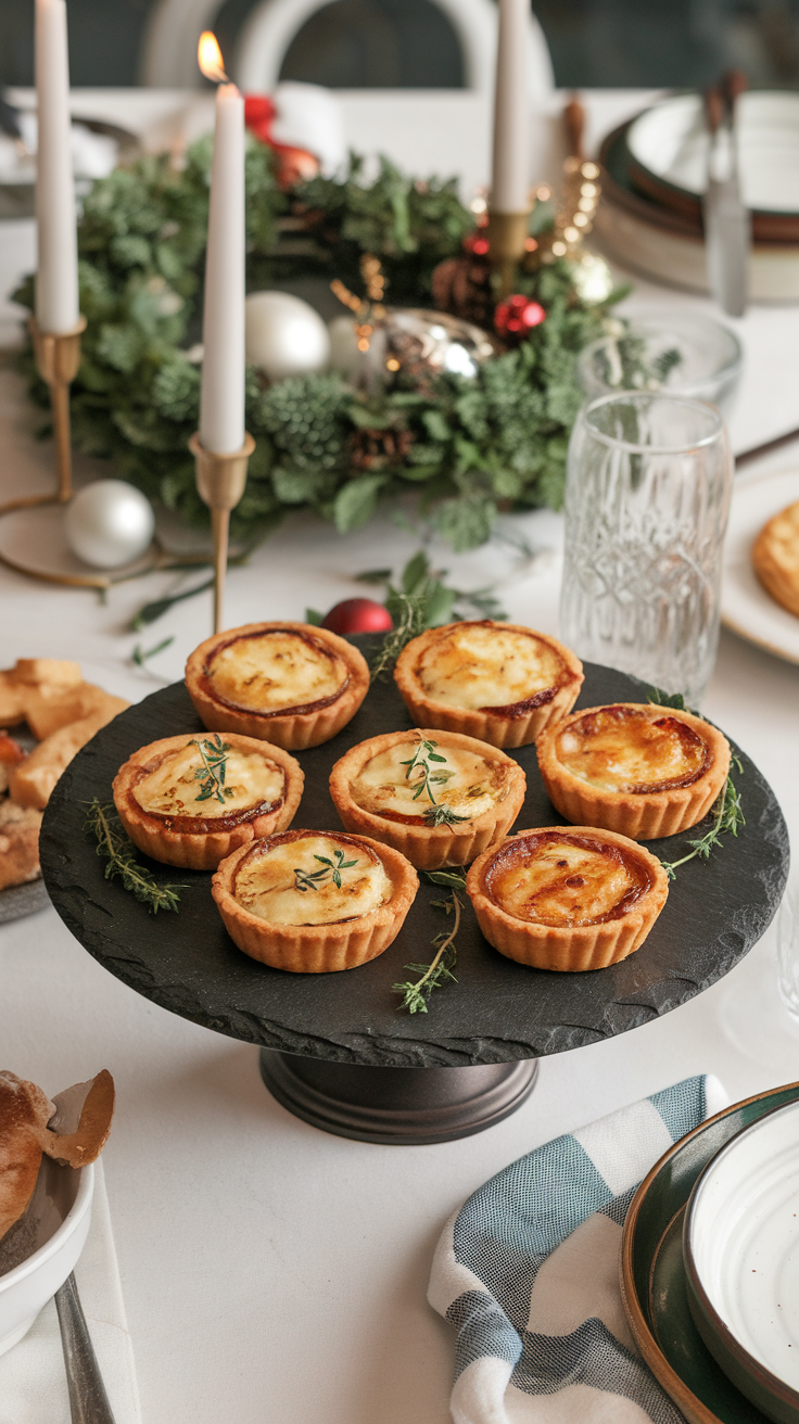 Savory tartlets filled with caramelized onion and gruyere on a slate platter