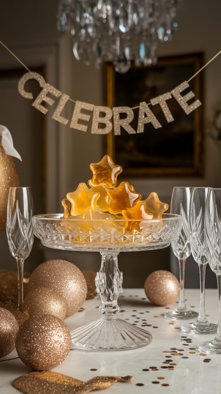 A beautiful display of sparkling Prosecco jelly stars on a table decorated for New Year's celebration.