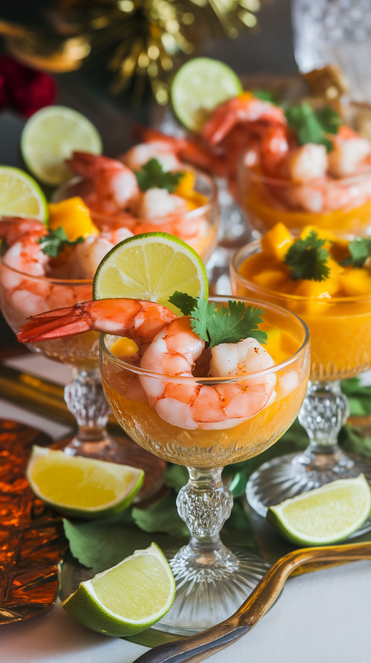 Spiced shrimp in glass cups with mango cocktail sauce and lime slices