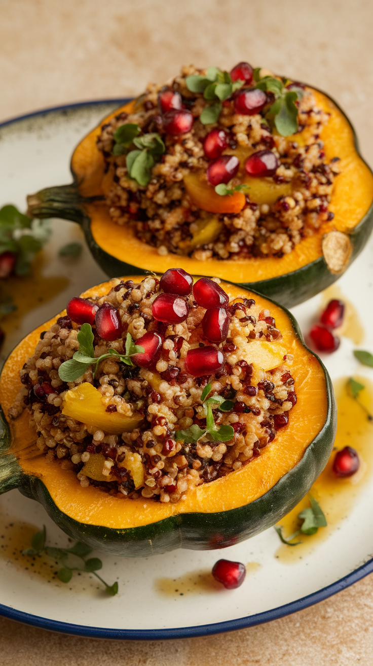 Stuffed acorn squash filled with quinoa, topped with pomegranate seeds and fresh herbs