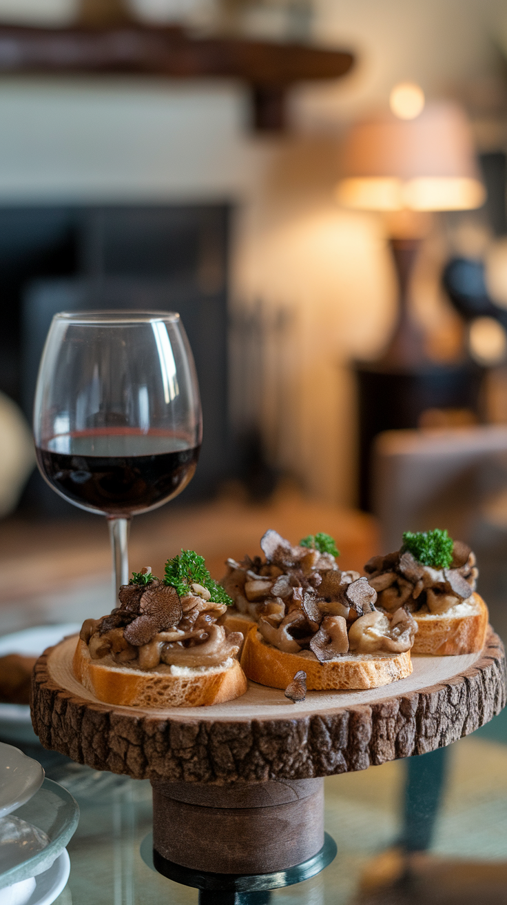 Truffle-infused wild mushroom crostini on wooden platter with a glass of red wine