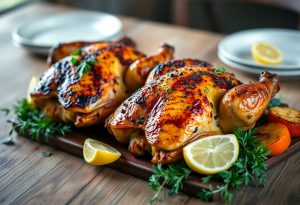 Grilled Cornish Game Hens with Truffle-Mushroom Stuffing