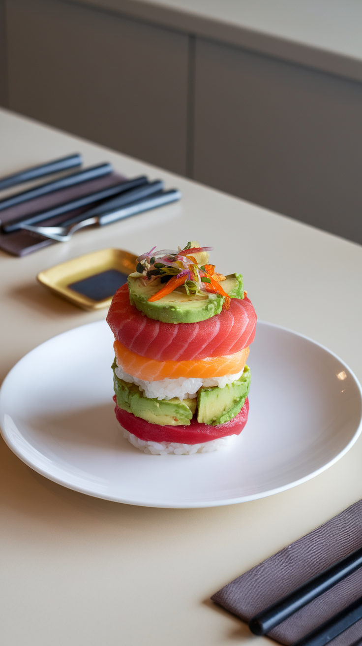 A stack of rainbow sushi featuring layers of seafood and vegetables on a plate.