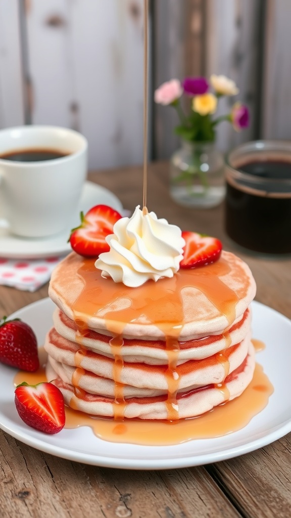 A stack of mini pink pancakes with syrup and strawberries on a wooden table.