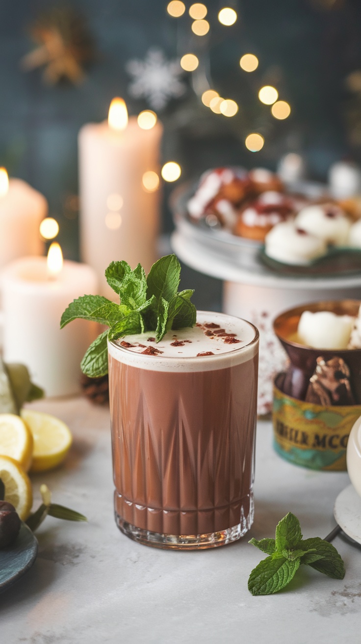 A creamy cocktail topped with mint leaves and chocolate shavings, surrounded by candles and festive treats.