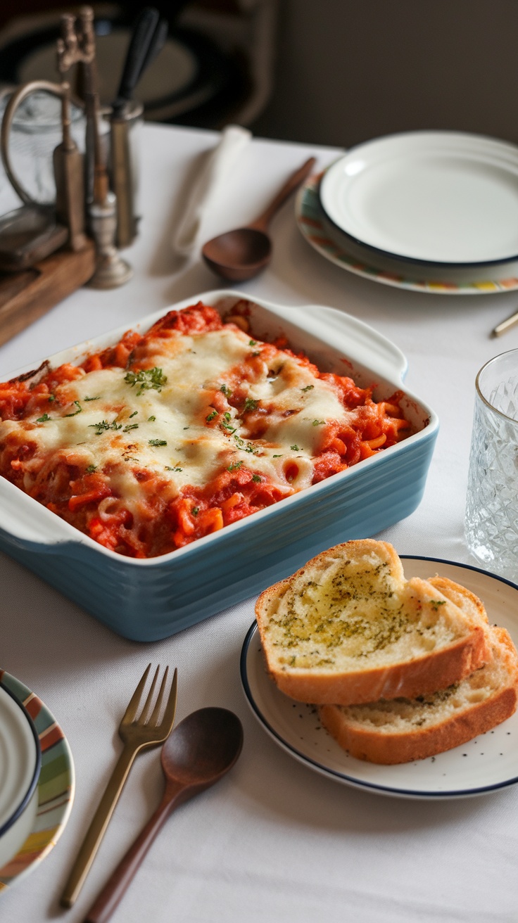 Baked ziti with garlic bread on a table