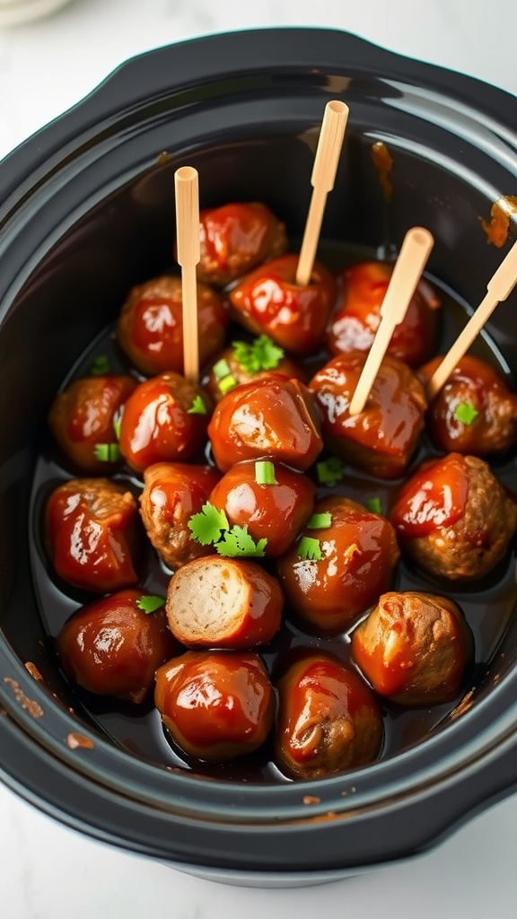 Delicious barbecue meatballs in sweet sauce served in a crockpot