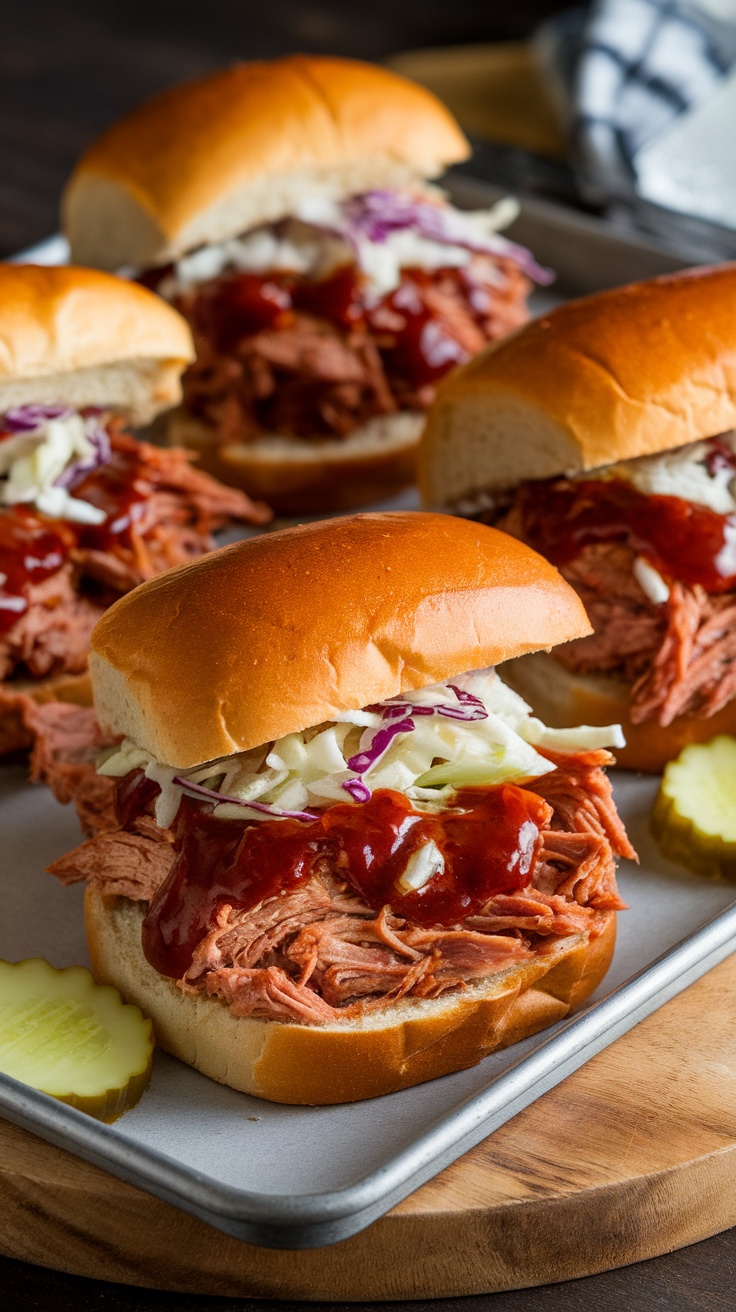 BBQ pulled pork sandwiches on a tray with coleslaw and pickles.