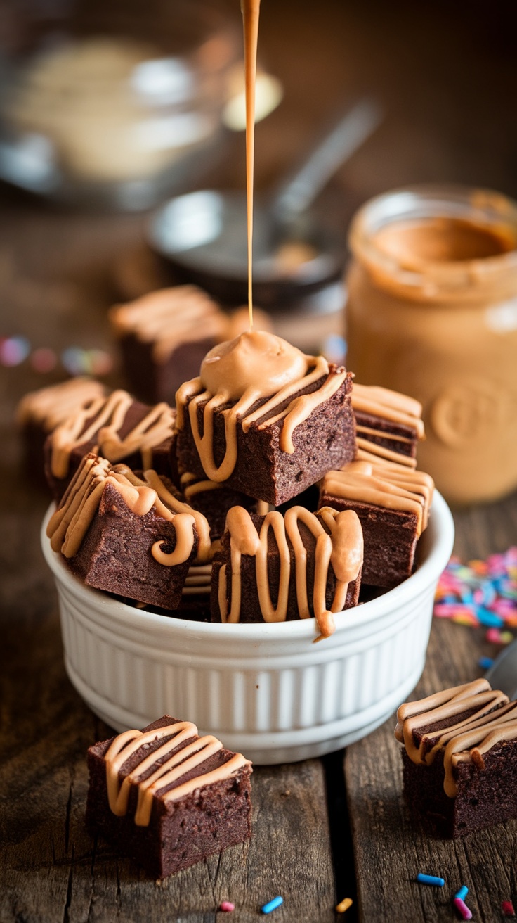 Delicious brownie bites topped with a peanut butter drizzle in a white bowl.