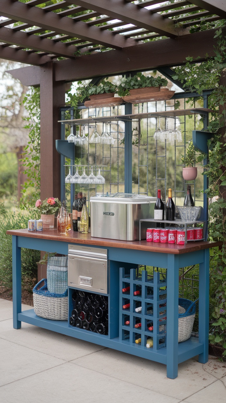 An outdoor beverage station with wine, drinks, and glasses.